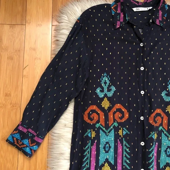 Zara Actez Tribal Geometric Metallic Long Sleeves Colorful Navy Shirtdress M - Picture 5 of 15